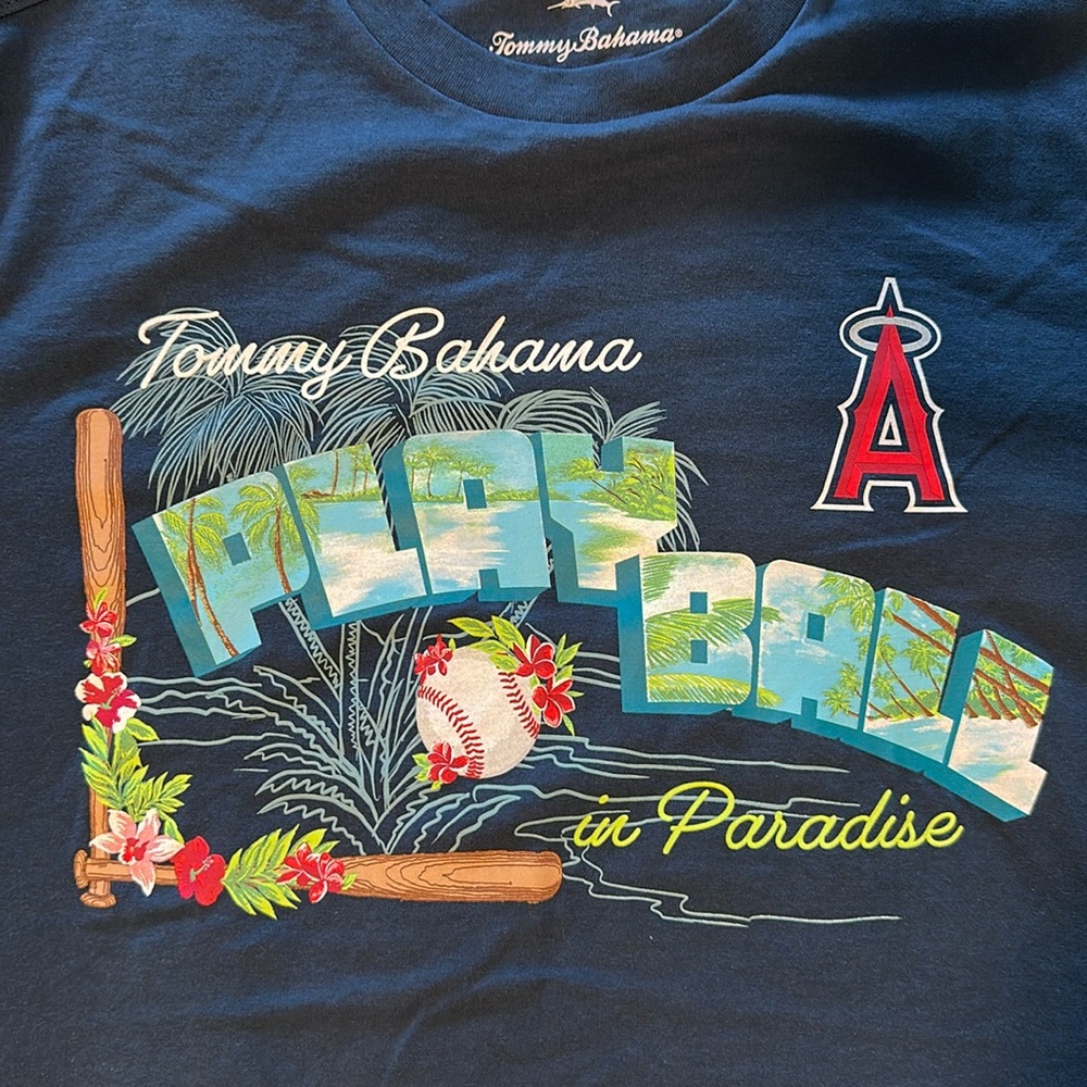 MLB Men's Los Angeles Angels Tommy Bahama Navy Play Ball in Paradise T-Shirt - Picture 4 of 8